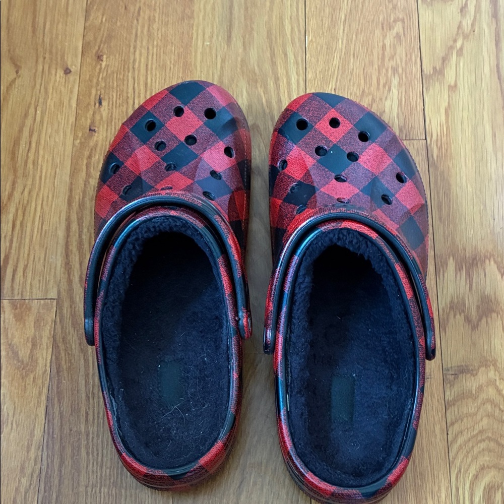 CROCS Red & Black Plaid Fuzzy-Lined Slip-On Clogs